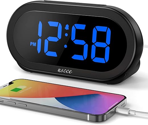 uscce Small Digital Alarm Clock with USB Port for Charging, 0-100% Adjustable Brightness Dimmer, Blue Digit Display, Alarm Volume with 5 Alarm Sounds, 12/24Hr, Snooze, Compact Alarm Clock for Bedroom