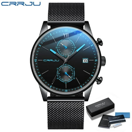 Watches Mens CRRJU Top Brand Stainless Steel Waterproof Clocks Men Watch Military Diving Quartz WristWatch Chronograph