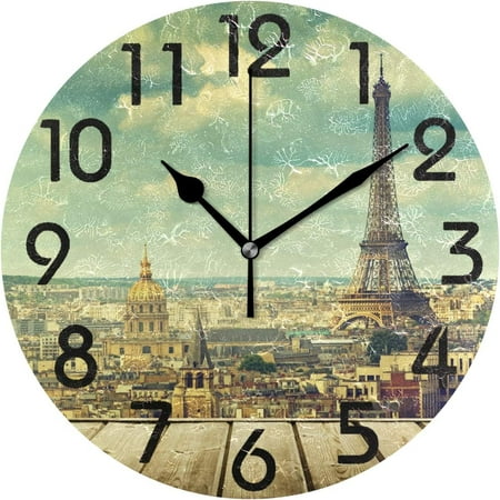 Wellsay 3D Retro Style Eiffel Tower Paris Print Round Wall Clock Decorative, 9.5 Inch Battery Operated Quartz Analog Quiet Desk Clock for Home,Office,School