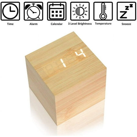 Wooden Alarm Clock - Mini Cube Led Digital Clock With Time/Date/Temperature Display[2256]