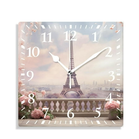 XNSJVGB Silent Non Ticking 12 inch square Wall Clocks,Eiffel Tower Light Red Rose Street Beautiful,Decorative Clocks for Living Room Kitchen Bedroom