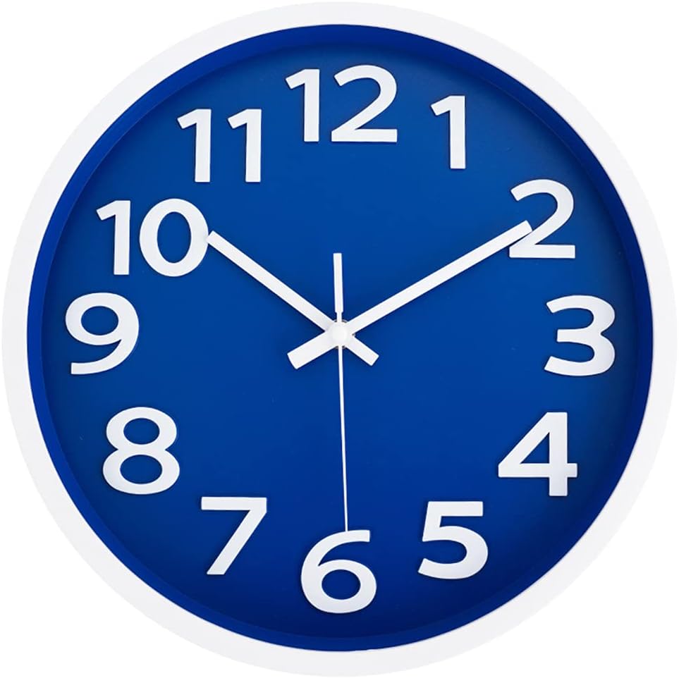 12 Inch Modern Wall Clock, Silent Non-Ticking Battery Operated Quartz Decorative Wall Clocks for Living Room Office Kitchen Bedroom, 3D Numbers Display Easy to Read. (Blue)