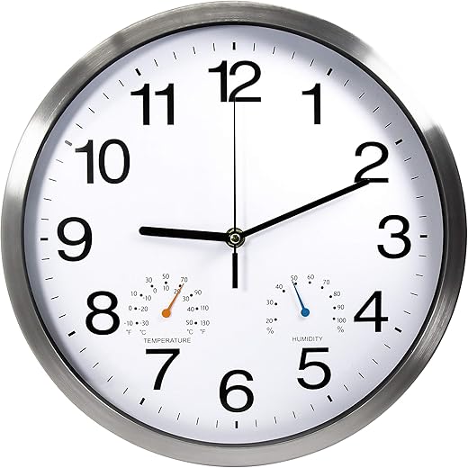 12 Inch Silver Aluminum Frame Wall Clock with Thermometer Hygrometer Battery Operated Silent Movement Decorative for Home