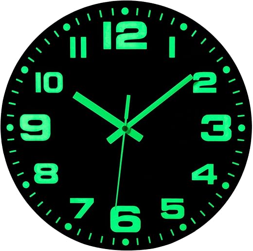 12 Inch Wooden Black Wall Clocks Battery Operated Glow in The Dark Wall Clock Silent Non Ticking Large Luminous Digital Neon Lighted Up Analog Clock for Bedroom Living Room Office Kitchen Bathroom