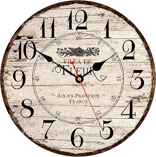 14 Inch Wall Clock Wooden French Country Style Silent Wall Clock Battery Operated Non Ticking Quality Round Quartz Wall Clocks Easy to Read Home Decorative Vintage Wall Clock