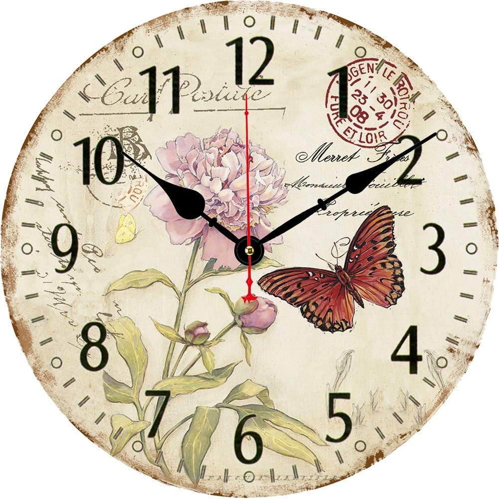 14 Inch Silent Non-Ticking Wall Clock, Big Arabic Numerals Wall Clocks, Butterfly and Flower Pattern Wooden Round Clock, Battery Operated Home Decor Hanging Clocks