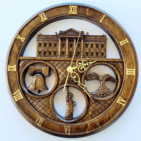 14 Wall Clock With Unique Design. Beech Wood, Handcrafted With US Symbols.