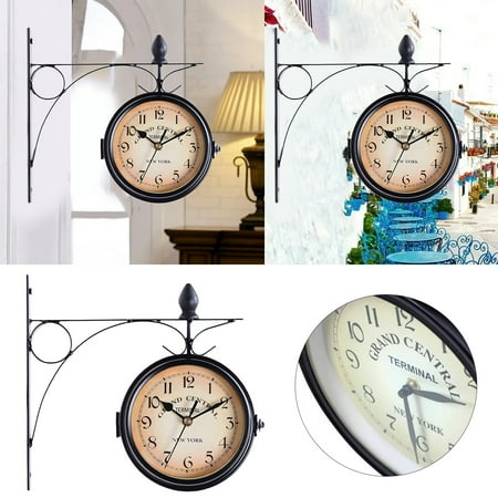 2024 New Clock Antique Look Wall Clock Brown Round Outdoor Hanging Double Two Faces Retro Station Clock With Scroll Wall Side Mount Home DÃcor