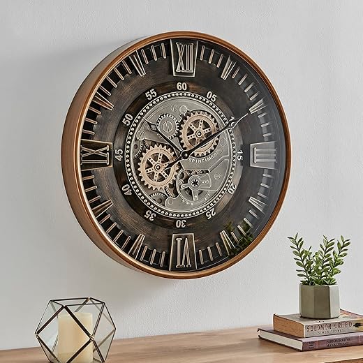 24 Inch Large Moving Gear Wall Clock for Farmhouse Living Room Decor,Big Industrial Steampunk Wall Clock Decorative, Vintage Bronze Gold Metal Wall Clock for Home Office,Wall Art Decor