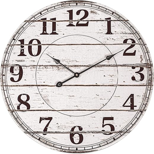 24 Inch Large Wall Clocks for Living Room Decor, Silent Battery Operated Wall Clock, White Rustic Country Farmhouse Shiplap Round Wooden Wall Clock