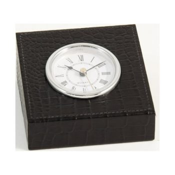 Black Croco Leather Quartz Clock with Silver Plated Accents.