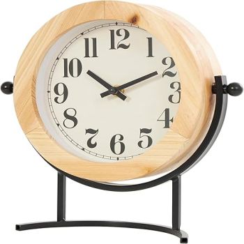 Deco 79 Wood Clock with Curved Black Metal Stand and Ball Details, 10 x 3 x 10, Light Brown