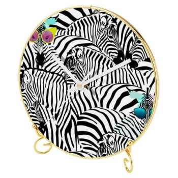 OWNTA Zebras Black White Pattern Round Printed Wall Clocks with Hooks and Gold Stand: Silent, Non-Ticking Timepieces for Stylish and Peaceful Settings