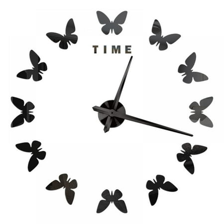 3D DIY Wall Clock Decor Butterfly Sticker Mirror Frameless Large DIY Wall Clock Kit for Home Living Room Bedroom Office Decoration