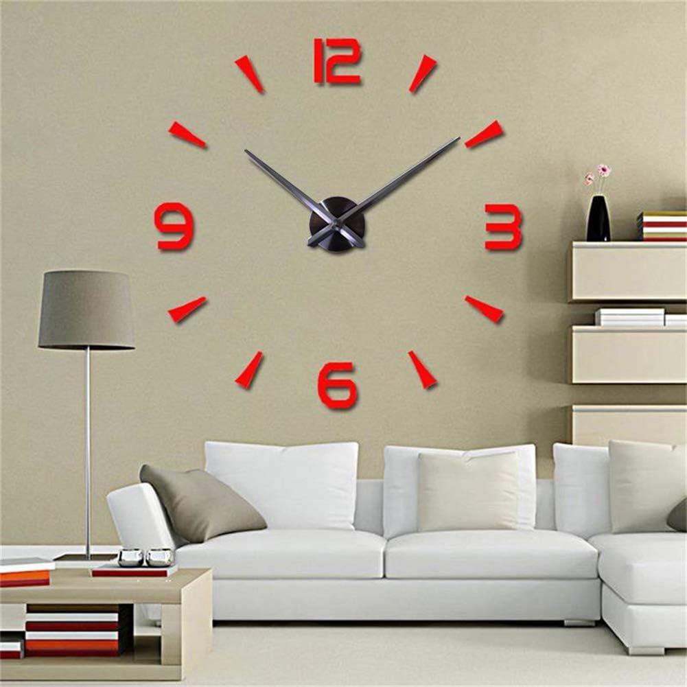 3D DIY Wall Clock Mordern Design Mirror Surface Home Decor Murale Horloge (Red)