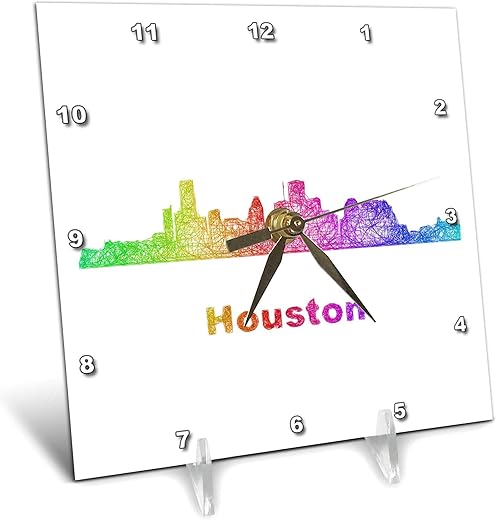 3dRose 6x6 Desk Clock - Rainbow City Skyline of Houston, Texas Zydd - City Skylines