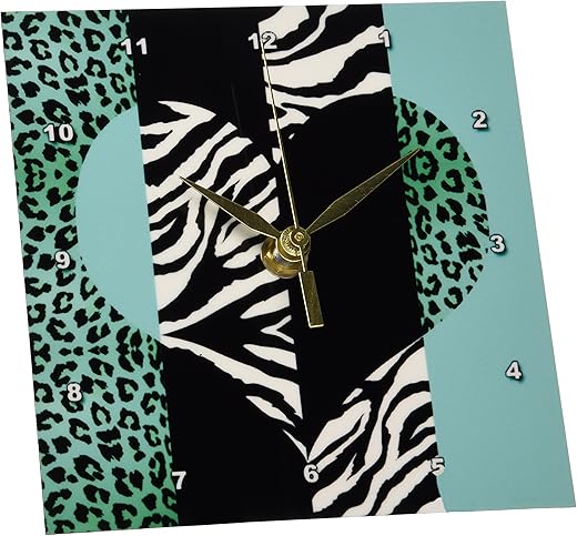 3dRose dc_35445_1 Aqua Blue Black and White Animal Print Leopard and Zebra Heart Desk Clock, 6 by 6-Inch