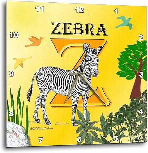 3dRose DPP_53003_1 Decorative Animal Alphabet Art for Children Z is for a Black and White Zebra Wall Clock, 10 by 10-Inch