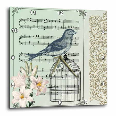 3dRose Musical Bird on Bird Cage with Lilies- Vintage Art - Wall Clock, 10 by 10-inch