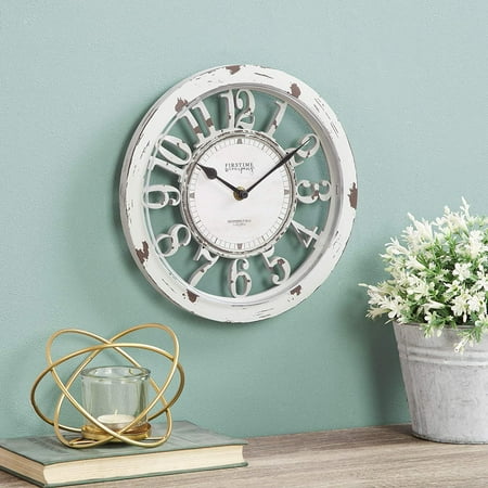 Antique Farmhouse Contour Wall Clock, American Crafted, Distressed Ivory, 10 x 2 x 10,