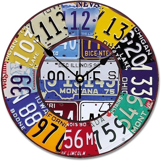 ArogGeld License Plate Wall Clock Vintage Numbers Car Wood Clock 10 Silent Non-Ticking Quartz Battery Operated Clock for Living Room Kitchen Bedroom Farmhouse Home Decor Birthday Wedding Gift