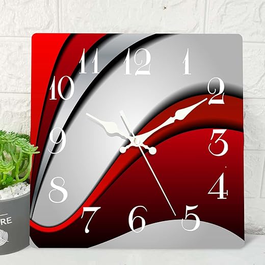 ArtSocket Wooden Wall Clock Silent Non-Ticking, Red Space Shadow Black Board Line Modern Abstract Wave Square Wall Clocks Decor for Home Kitchen Living Room Office, Battery Operated(12 Inch)