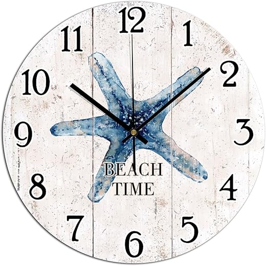 Beach Time Wall Clock Coastal Nautical Beach Clock Starfish 10 Inch Large Wall Clocks Battery Operated Silent Farmhouse Wall Decor for Kitchen Living Room Bedroom