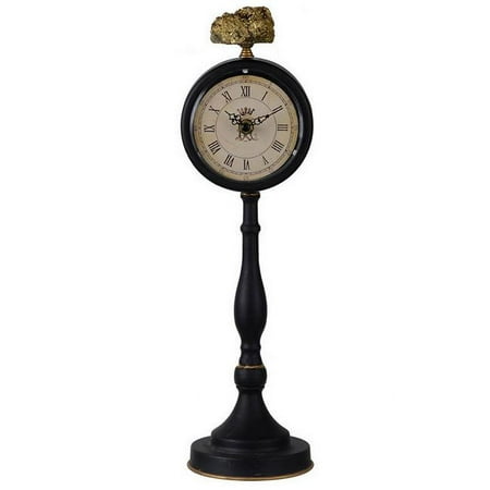 Benjara BM302583 16 in. Pedestal Stand Black Metal Stone Accent Decorative Table Clock, Gold