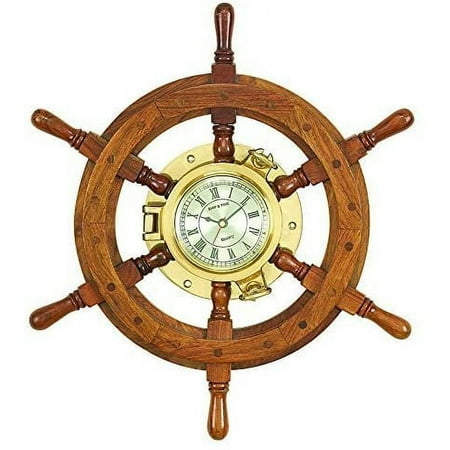 Benzara Wood Brass Shipolystonewheel Clock a Perfect Nautical Wall Decor by Benzara