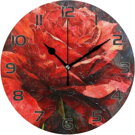 Bestwell Oil on Canvas Rose Pattern Wall Clock, Round Silent Wall Clock, 9.84 inches, for Living Room, Kitchen, Bedroom Home Decoration