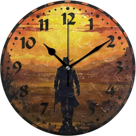 Bestwell Vintage Cowboy Pattern Wall Clock, Silent Non Ticking 10 Inch Battery Operated Wall Clocks, Easy to Read Clock for Home Kitchen Living Room Bathroom Office Decor Home Decoration