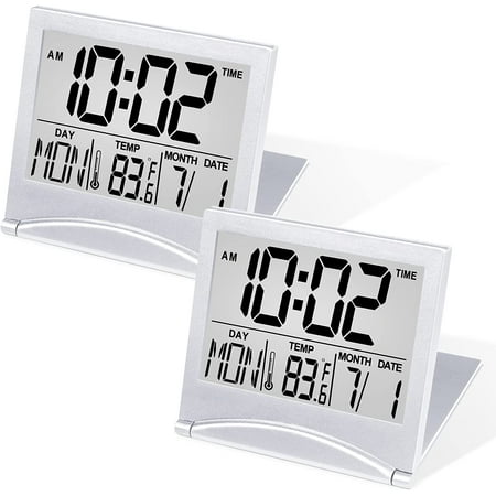 Betus Pack of 2 Digital Travel Alarm Clock - Foldable Calendar Temperature & Timer LCD Clock Compact Desk Clock