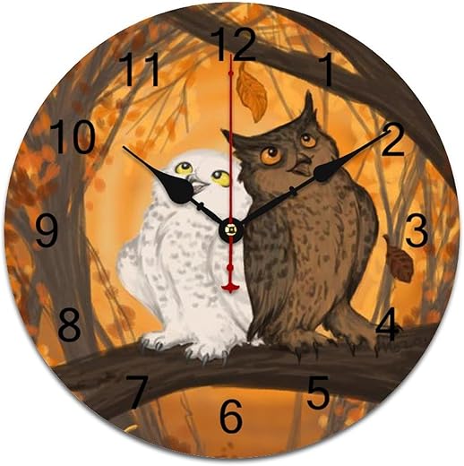 Black and White Owls in Autumn Forest Round Fashion Wall Clock Silent Funny Graphic Home Decor Office Living Room 30cm/11.8in