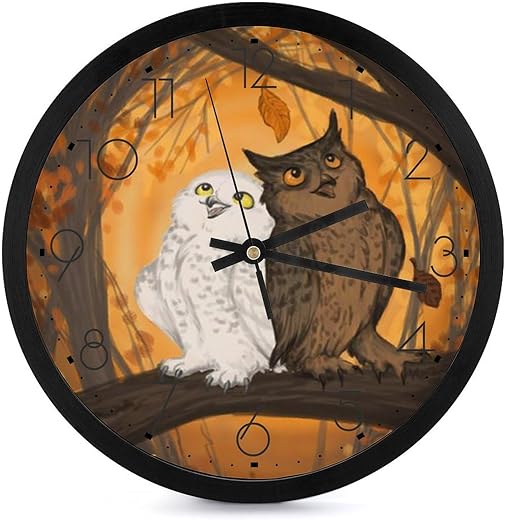 Black and White Owls in Autumn Forests Funny Round Wall Clock Simple Modern Home Decor Office Living Room Black-Style