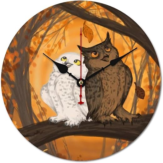 Black and White Owls in Autumn Forest Silent Non-Ticking Round Wooden Wall Clock Without Scale Home Wall Decor Gifts 40 * 40cm