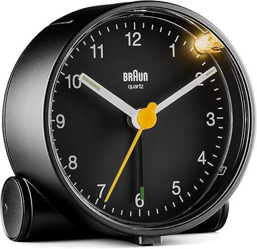 Braun Classic Analogue Alarm Clock with Snooze and Light, Quiet Quartz Movement, Crescendo Beep Alarm in Black, model BC01B.