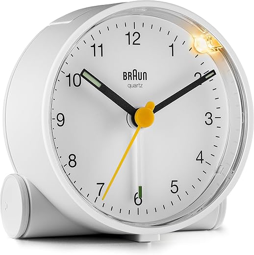 Braun Classic Analogue Alarm Clock with Snooze and Light, Quiet Quartz Movement, Crescendo Beep Alarm in White, Model BC01W.