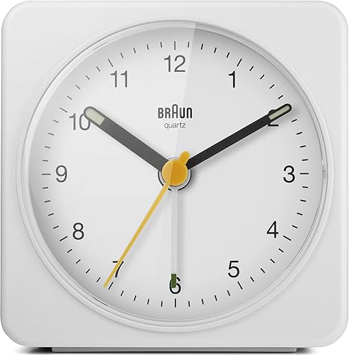 Braun Classic Analogue Alarm Clock with Snooze and Light, Quiet Quartz Sweeping Movement, Crescendo Beep Alarm in White, model BC03W.