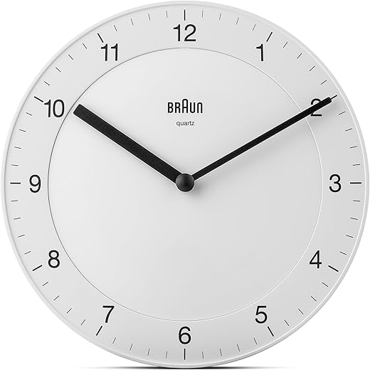 Braun Classic Analogue Wall Clock with Quiet Quartz Movement, Easy to Read, 20cm Diameter in White, Model BC06W.