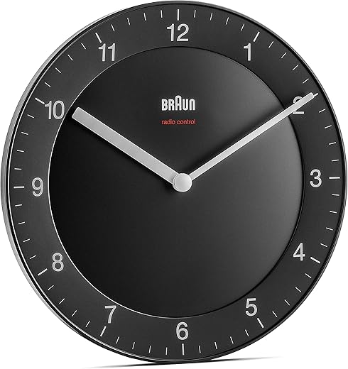 Braun Classic Radio Controlled Wall Clock for Central European Time Zone (DCF/GMT+1) with Quiet Movement, Easy to Read, 20cm Diameter in Black, model BC06B-DCF, One Size