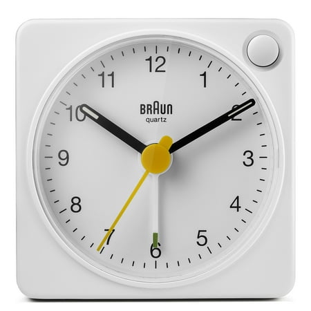 Braun Classic travel Analogue Alarm Clock with Snooze and Light, Compact Size, Quiet Quartz Movement, Crescendo Beep Alarm in White, model BC02XW.