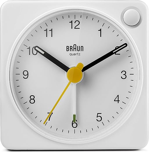 Braun Classic travel Analogue Alarm Clock with Snooze and Light, Compact Size, Quiet Quartz Movement, Crescendo Beep Alarm in White, model BC02XW.