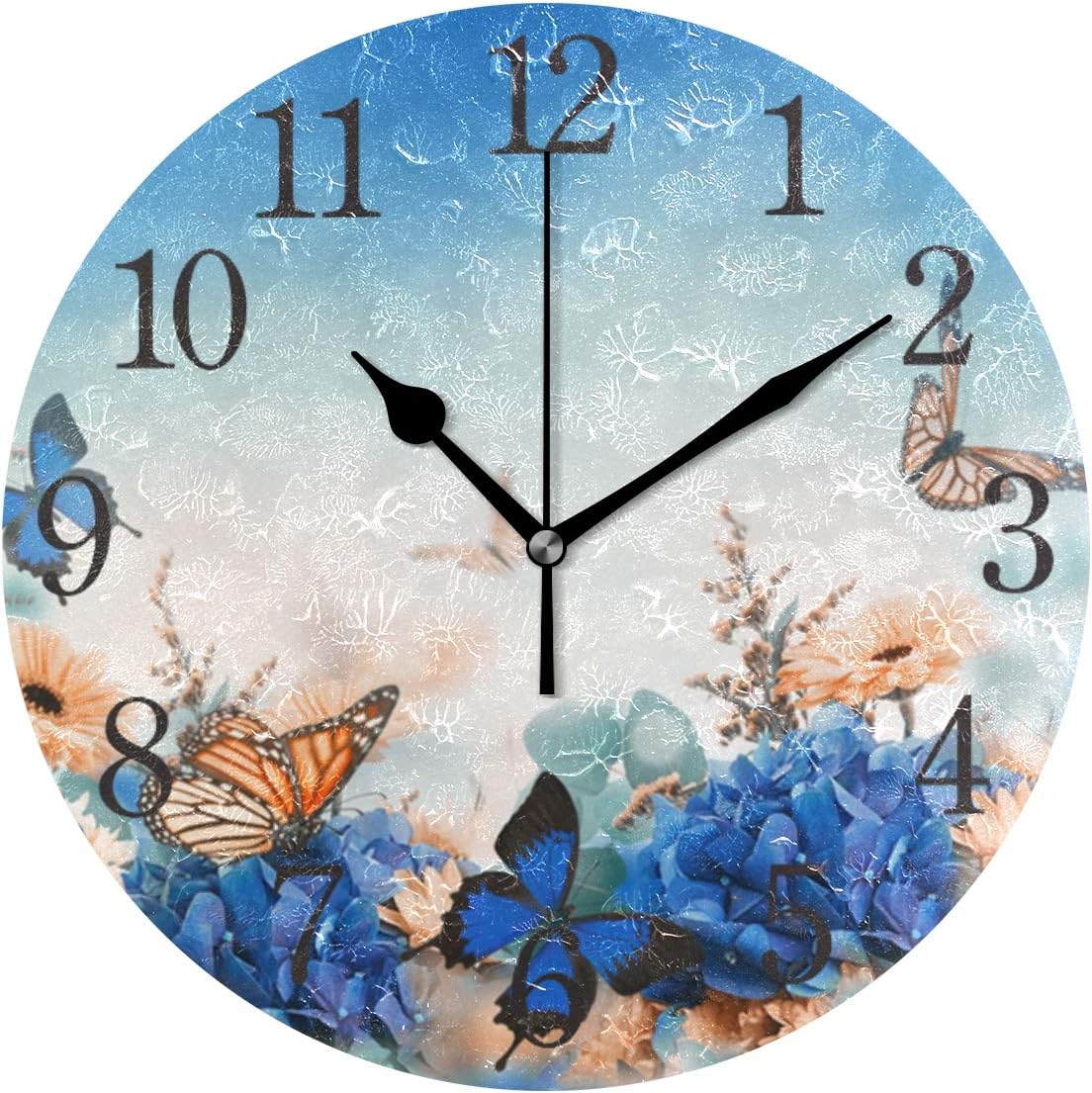 Butterfly Wall Clock Blue Flowers Decorative Haning Clock Silent Non Ticking Round Clock for Living Room Kitchen Bedroom