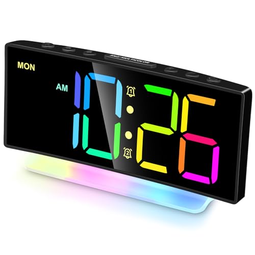 Cadmos Extra Loud Alarm Clock for Heavy Sleepers Adults,Teens,Kids,Rainbow Clock for Bedrooms,Small Bedside Digital Clock with Large Display,7 Color Night Light,12/24h(Black+Dynamic)