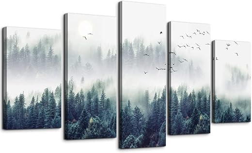 Canvas Wall Art For Living Room Wall Decorations For Bedroom Modern Office Wall Decor Foggy Forest Trees Landscape Painting Stretched And Framed Ready To Pictures Home Decor 5 Piece Set W40” x H20”