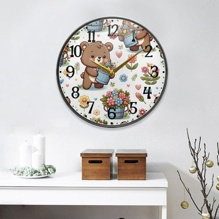 Cartoon Bear and Flower Bucket Round Wall Clock 9.5 Inch Non-Ticking Silent Battery Operated Clock for Home Kitchen Office School Decor