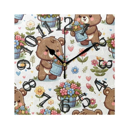 Cartoon Bear and Flower Bucket Wall Clock Square Silent Non Ticking Battery Operated Clock for Home Bathroom Kitchen Bedroom Living Room