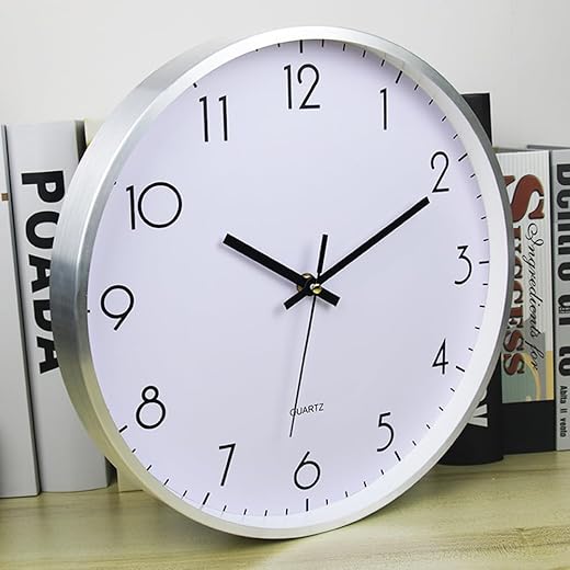 CHIRAY 12 Inch Silent Wall Clock Battery Operated Non Ticking Glass Cover Aluminum Frame, for Living Room Decor, Kitchen, Bedroom, Home Office (Silver)