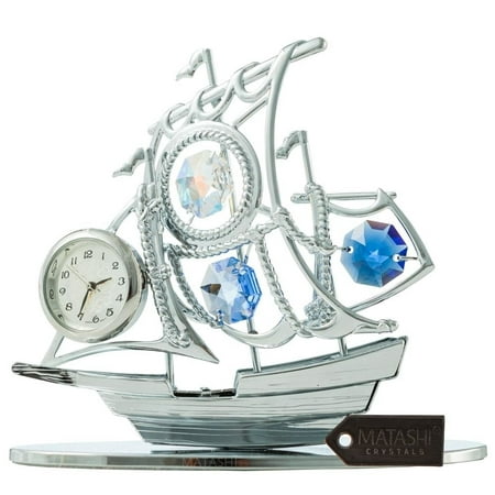 Chrome Plated Silver Sailboat Tabletop Ornament with Clock with Matashi Blue Crystals Precision Analog Time Keeping