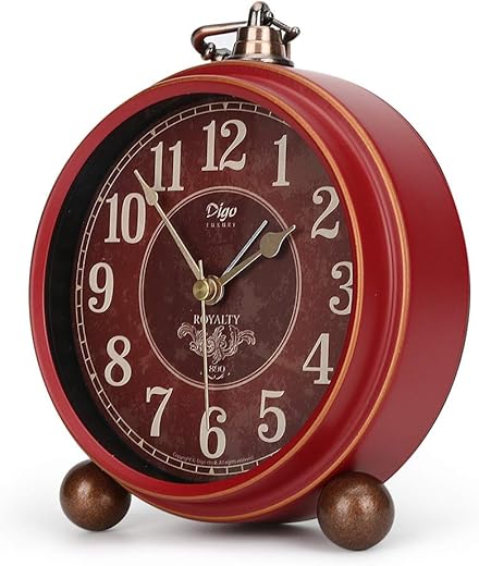 Classic Retro Alarm Clock, Red Vintage Non-Ticking Table Desk Small Alarm Clock, Battery Operated Silent Quartz Movement HD Glass for Bedroom Living Room Indoor Decoration